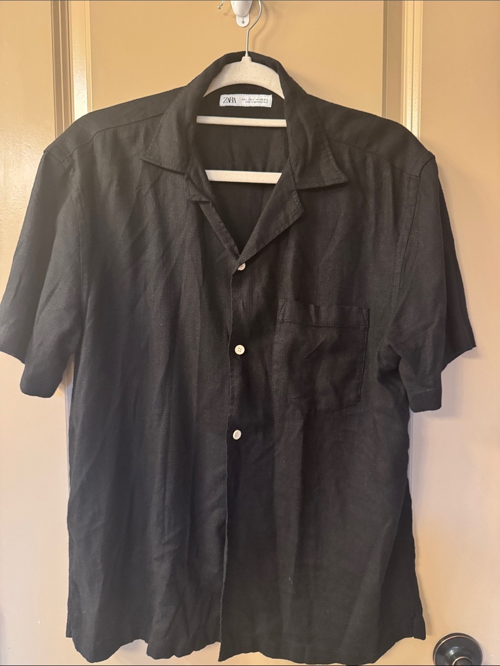 Zara Men Linen Black Short-Sleeve Button-Down Shirt with Chest Pocket